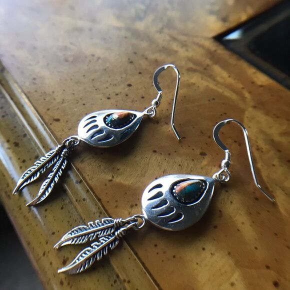 Spiny Oyster Turquoise Sterling Silver Bear Claw Feather Dangle Earrings - Picture 3 of 5
